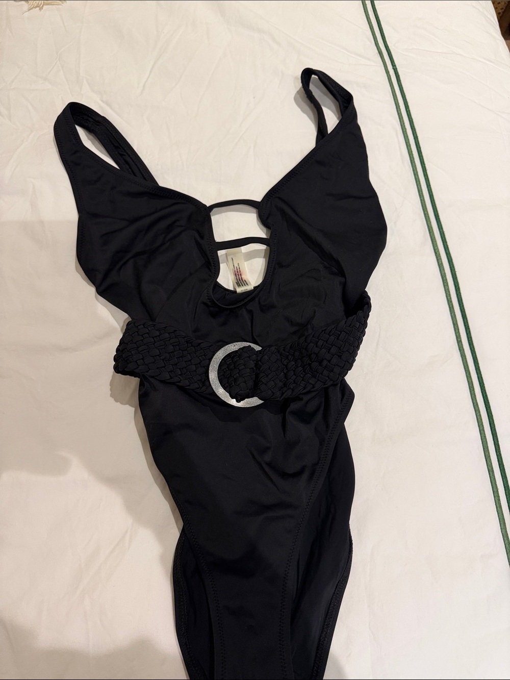 SOLID & STRIPED Black One-Piece Swimsuit with Braided Waist and Silver Buckle